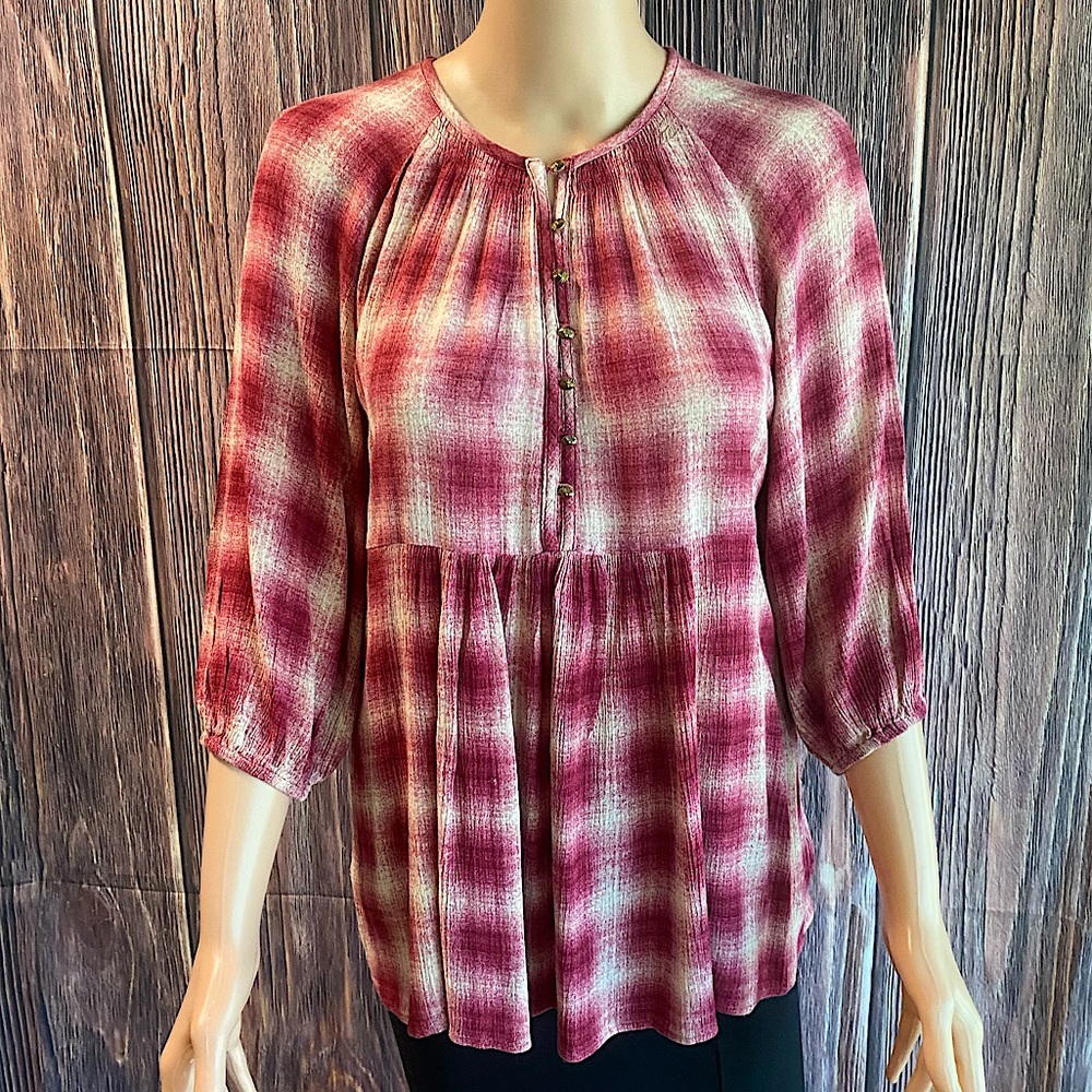Anthropologie Maeve sz XS hot pink & cream boho plaid pattern peasant blouse